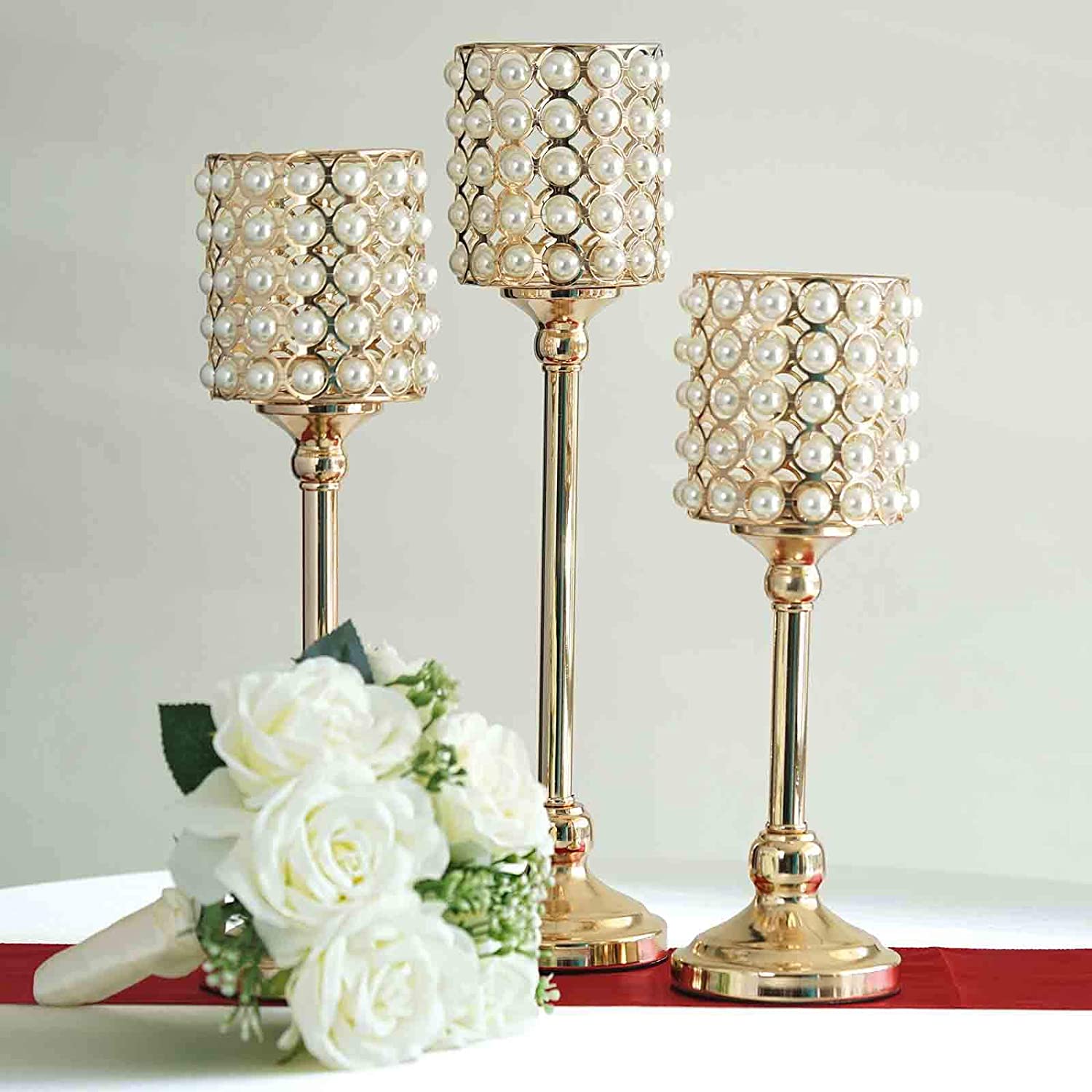 Efavormart Set of 3 Pearl Beaded Metallic Gold Candle Votive Holder Wedding Chandelier Centerpieces