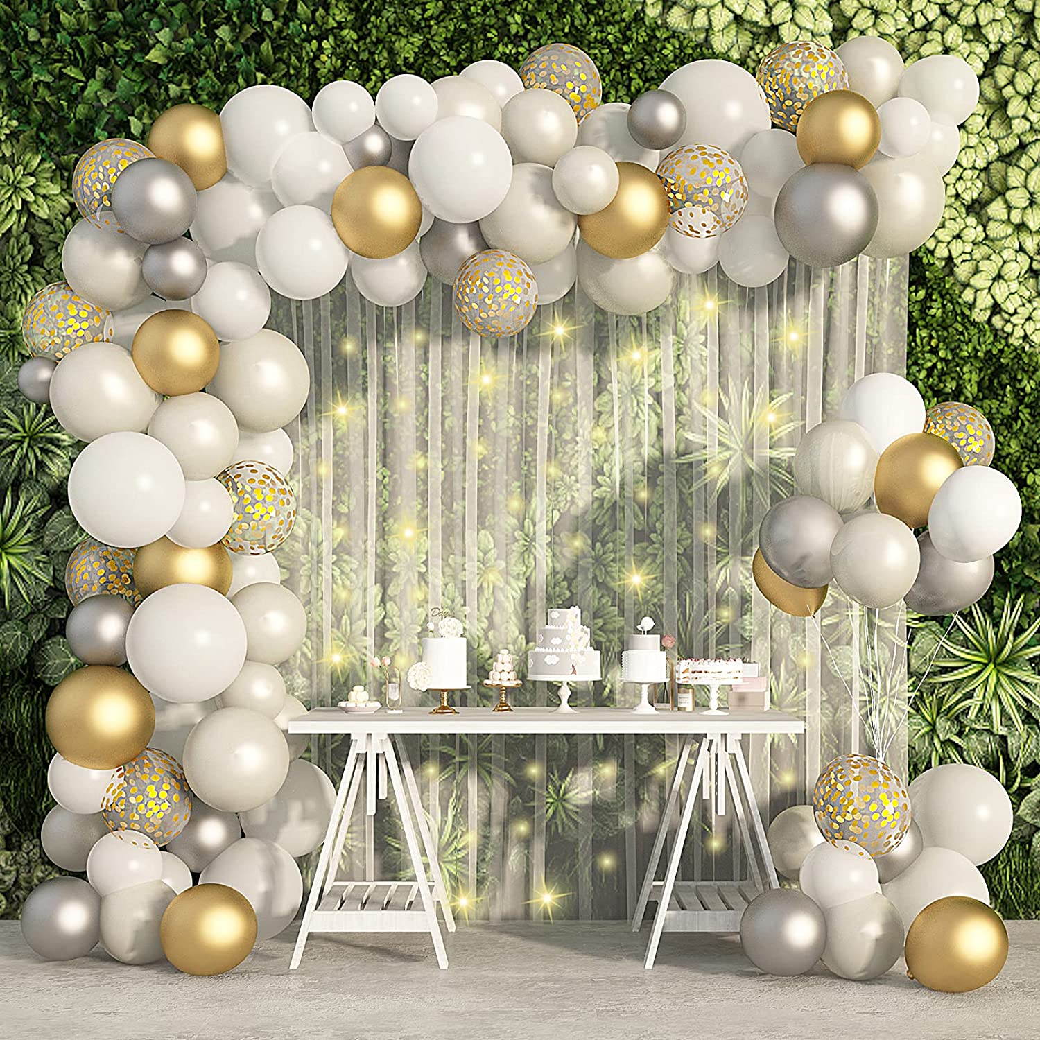 Gold White Balloon Garland Arch Kit with String Lights White Yarn Backdrop, Silver White Gold Confetti Metallic Latex Balloons