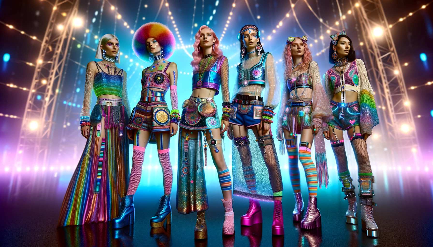 This illustration captures the vibrant and eclectic styles found in modern rave culture, showcasing colorful outfits, glittery accessories, and bold makeup against the backdrop of a festival environment.