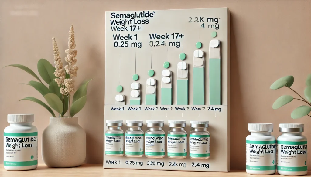 A clean and modern horizontal infographic similar to the uploaded image, showing a Semaglutide weight loss dosage chart. It should display the progres