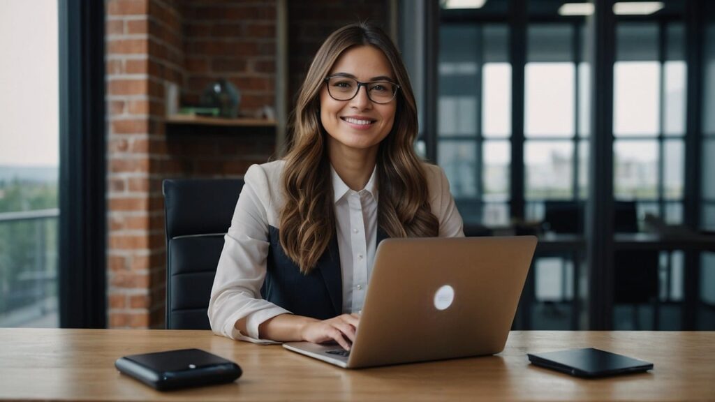 A professional woman in business attire sitting at a desk with a laptop in a modern office.