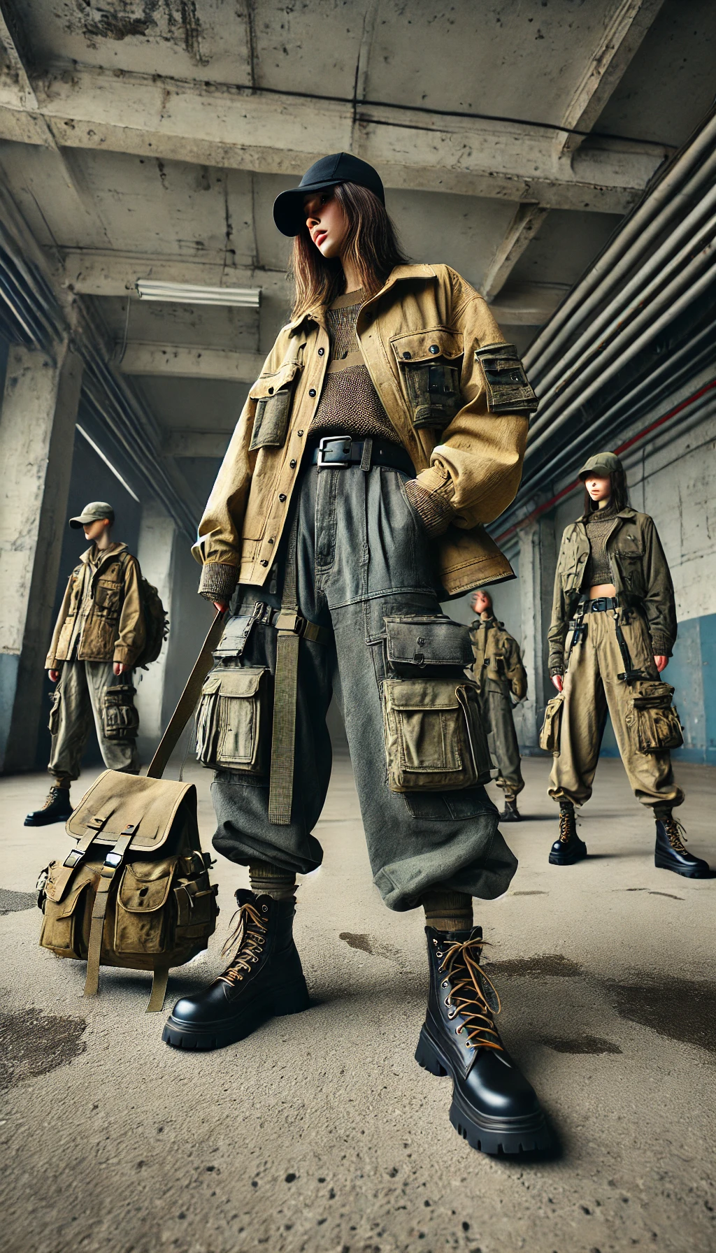 A vertical image showcasing the Utility Wear 2.0 fashion trend. The model is dressed in oversized cargo pants with multiple pockets, a belted utility