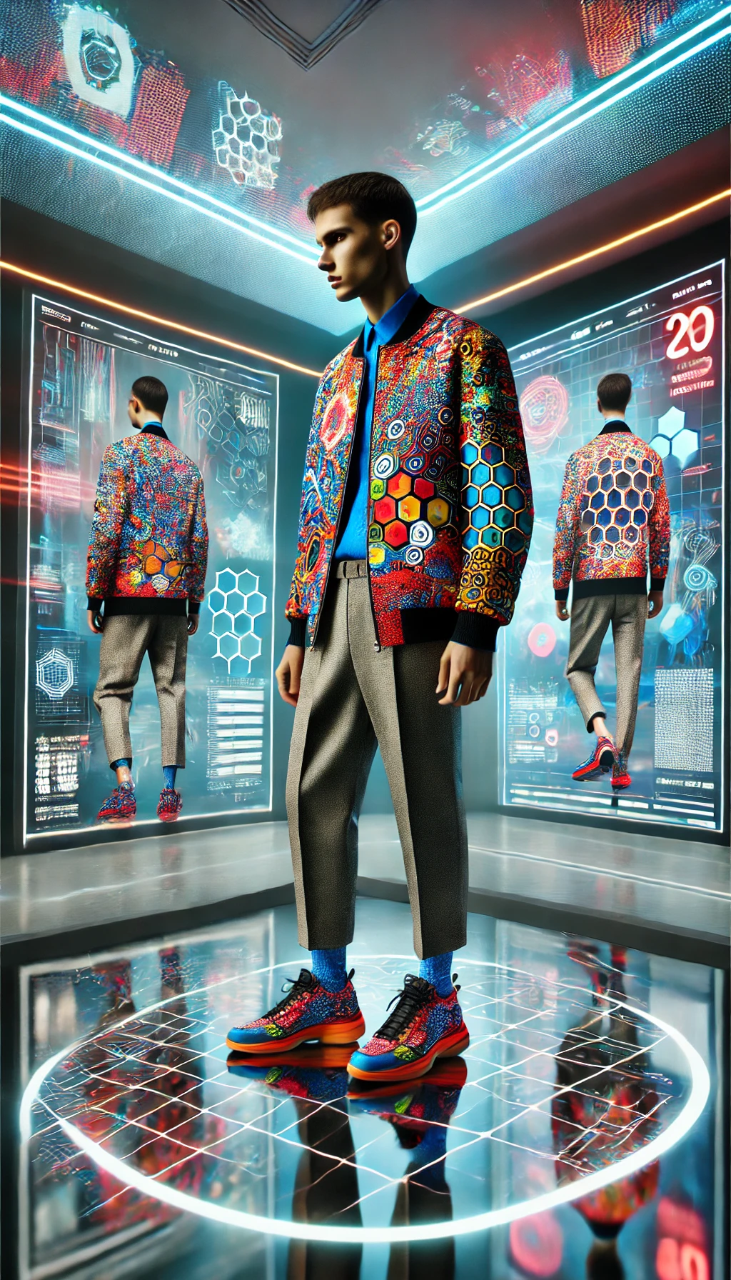 A vertical image showcasing the Digital Prints fashion trend. The model wears a vibrant jacket covered in bold, AI-generated digital patterns with geo