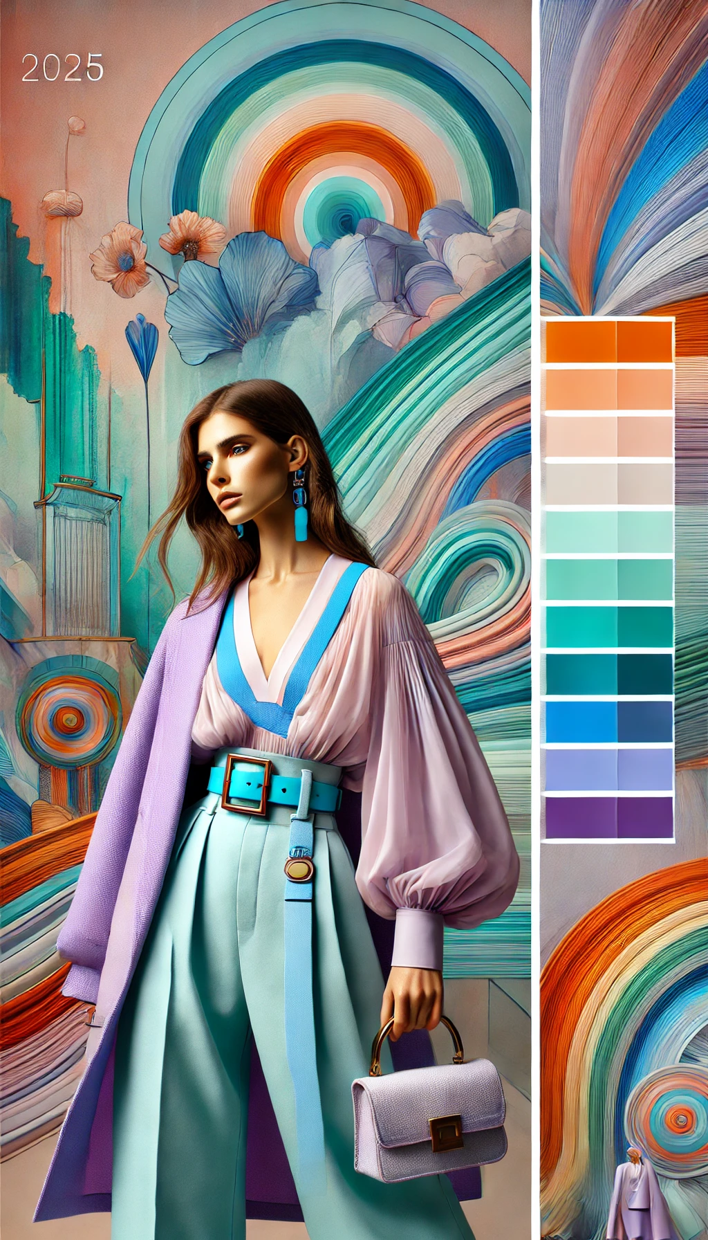 A vertical image showcasing the 2025 Color Trends in fashion. The image features a model wearing a striking outfit combining soft pastels like lilac a