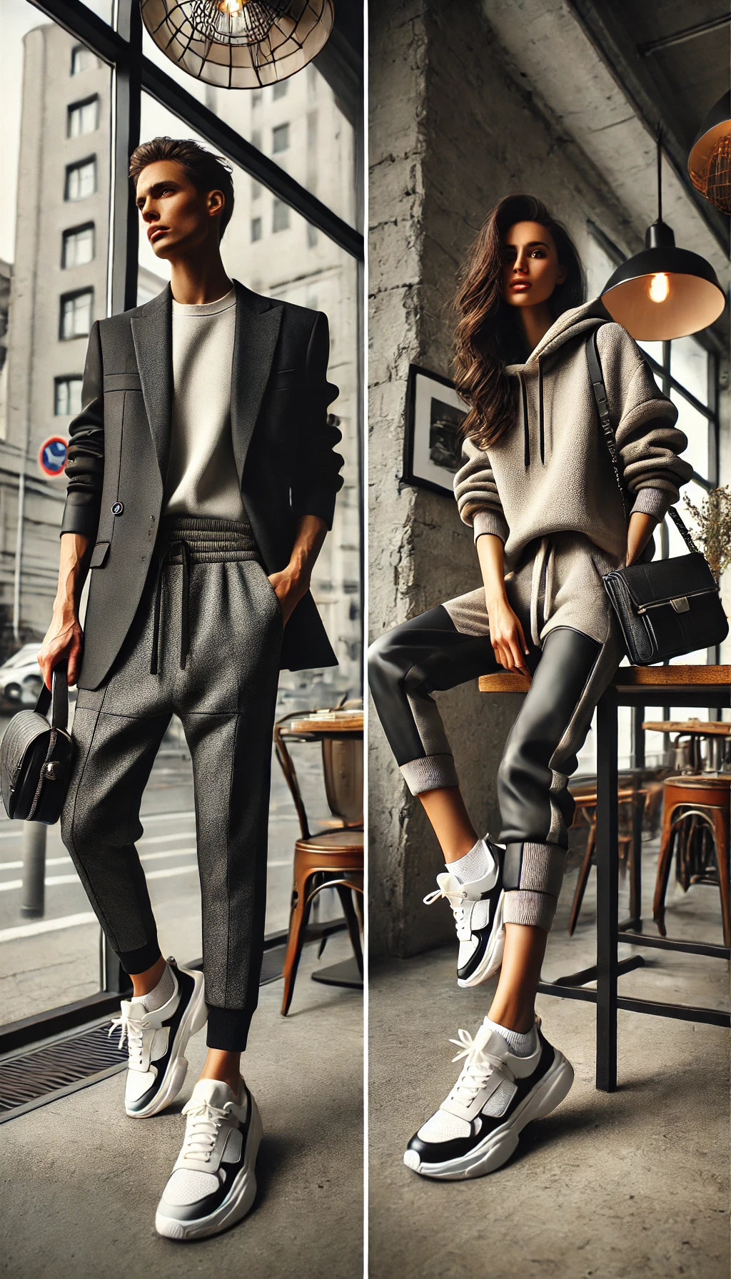 A vertical image showcasing the Elevated Athleisure fashion trend. The model wears a polished athleisure outfit featuring tailored joggers, a sleek bl