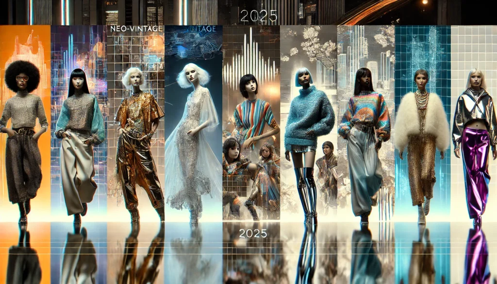 A horizontal feature image showcasing the top fashion trends of 2025, featuring a diverse group of models. Each model represents a distinct trend_ Neo