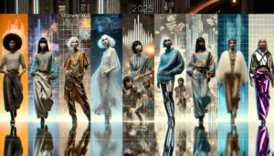 A horizontal feature image showcasing the top fashion trends of 2025, featuring a diverse group of models. Each model represents a distinct trend_ Neo