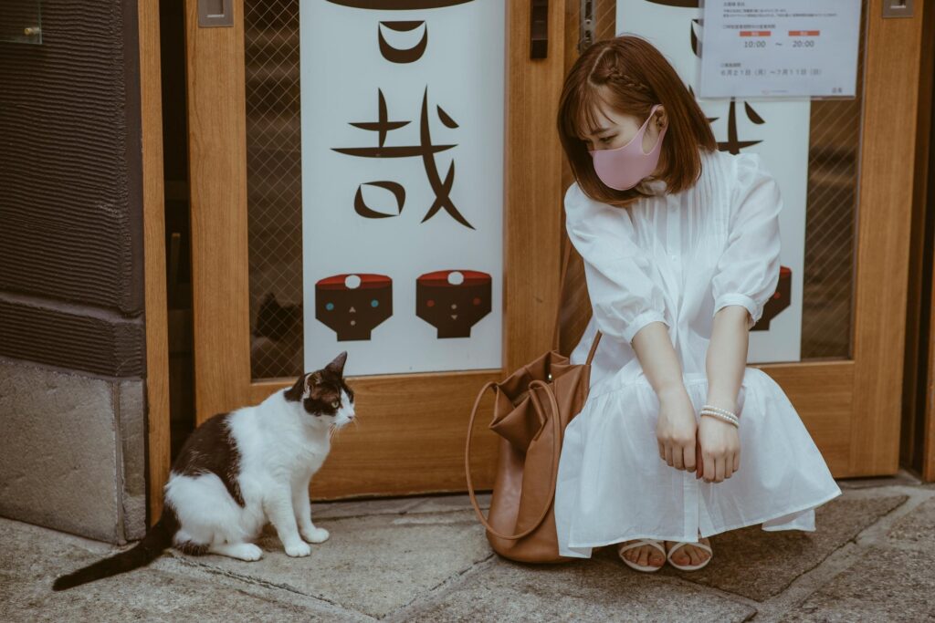 a woman looking at a cat