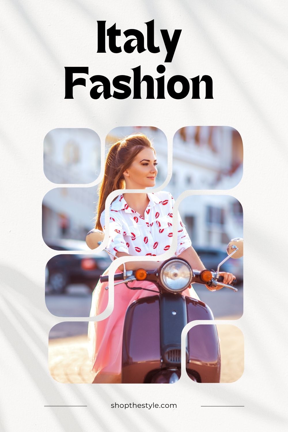 Stylish woman riding a vintage scooter in Italy, wearing a chic white blouse with red lips print and a flowing pink skirt, capturing the essence of Italy fashion.